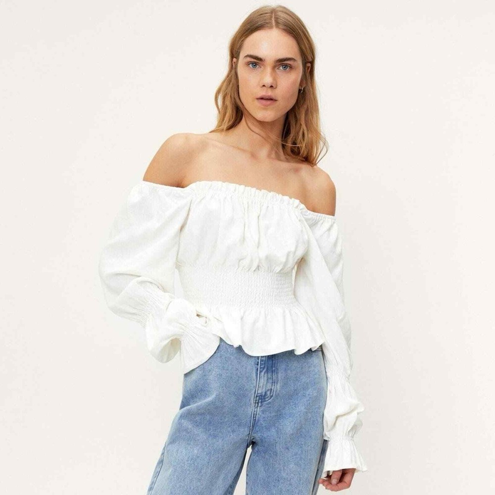 NASTY GAL Smocked Detail Long Sleeveโ Top White Size 14